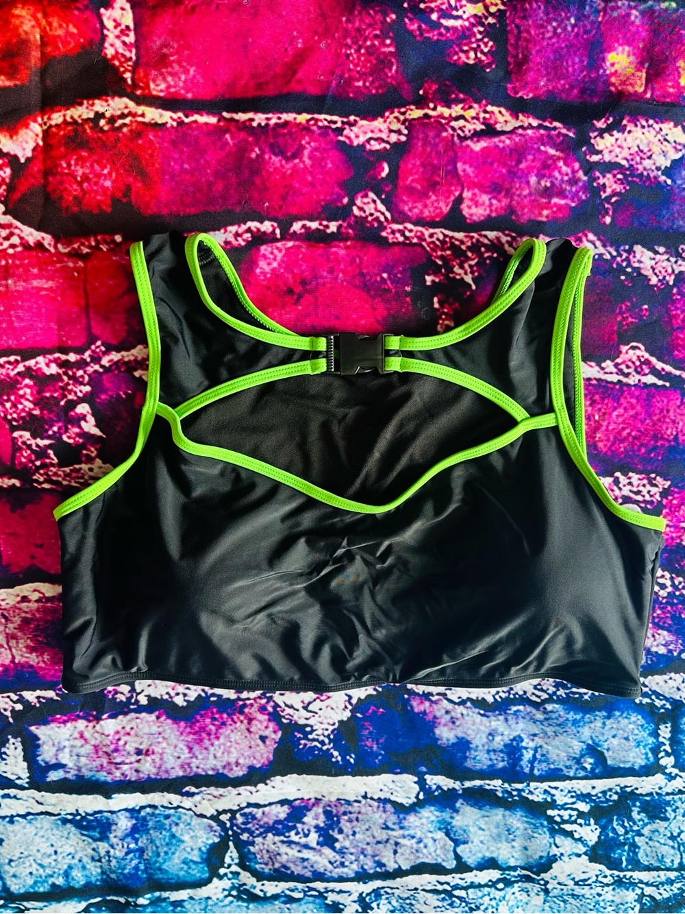 Hot Topic Black and Neon Green Trim Sports Bralette Swim Top Bikini